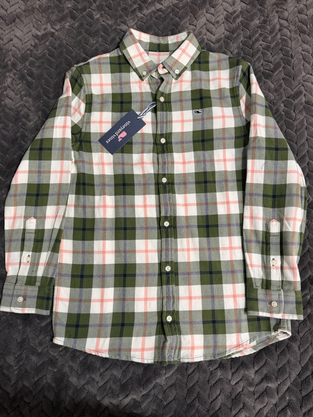 Vineyard Vines Olive and White Plaid Button-Down Shirt Boys Size Medium NWT